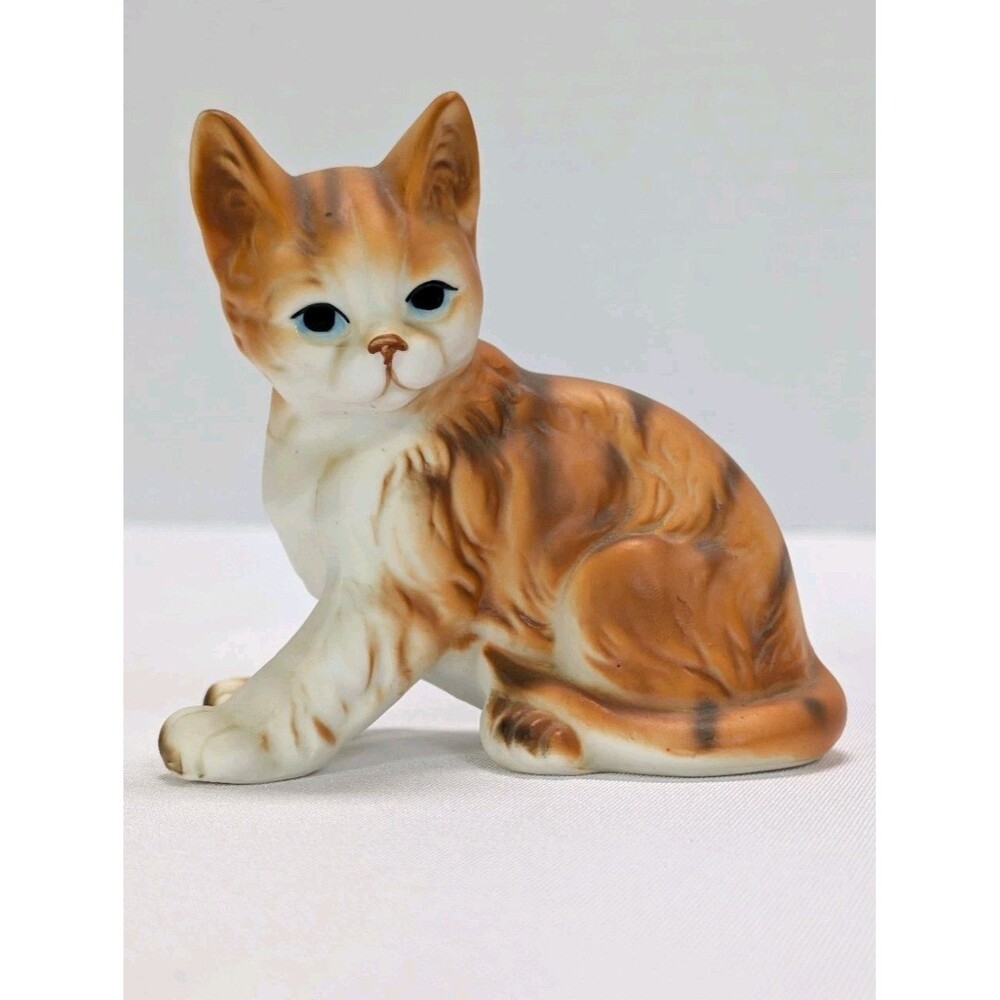 Vintage Enesco Ceramic Orange Tabby Kitty Cat Kitten Figurine 3.75" Blue Eyes